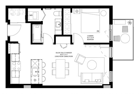 Floor plan for 1 bed, 1 bath, 610 sqft